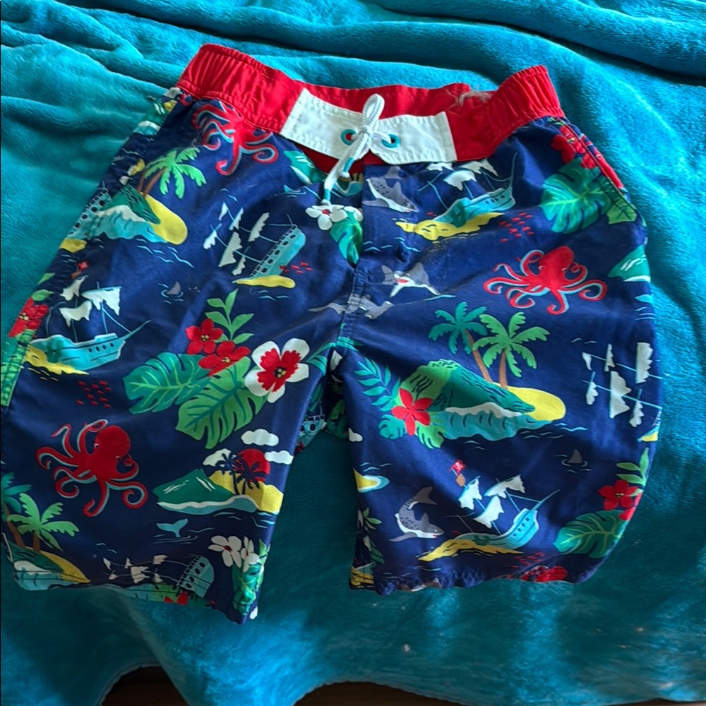 Boden Kids Tropical Adventure Swim Trunks - Red and Blue